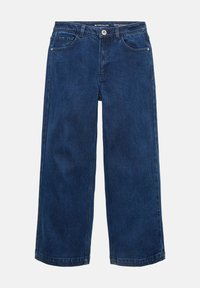 Jean bleu foncé à jambes larges avec poches avant, passants de ceinture et fermeture par bouton métallique à la taille.