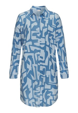 Blau gemustertes Hemd mit langen Ärmeln und Kragen. Verfügt über abstrakte Formen in dunklerem Blau auf einem hellblauen Hintergrund.