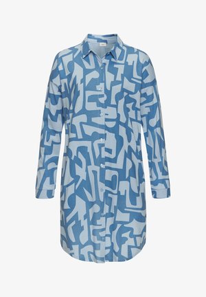Blau gemustertes Hemd mit langen Ärmeln und Kragen. Verfügt über abstrakte Formen in dunklerem Blau auf einem hellblauen Hintergrund.