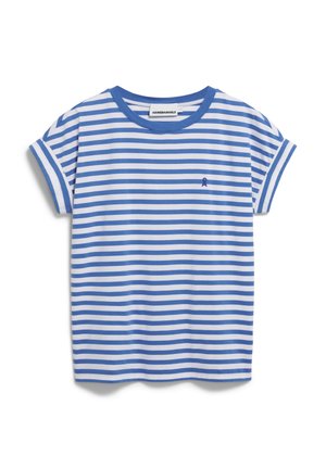 Gestreept t-shirt in blauw en wit, met een ronde halslijn en korte opgerolde mouwen. Toont een klein blauw lintlogo op de borst.
