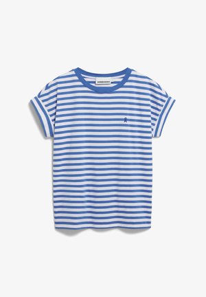 Gestreept t-shirt in blauw en wit, met een ronde halslijn en korte opgerolde mouwen. Toont een klein blauw lintlogo op de borst.