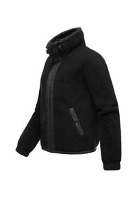 Schwarze Fleecejacke mit hohem Kragen, Reißverschluss vorne und zwei seitlichen Taschen. Mit strukturiertem Stoff und glatten schwarzen Akzenten sowie Bündchen.
