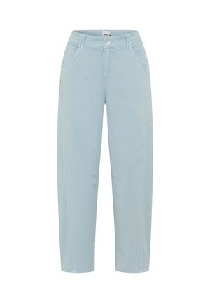Pantalon bleu clair à jambes droites avec fermeture boutonnée à l'avant, passants de ceinture et poches latérales.