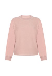 Zacht roze fleece sweatshirt met lange mouwen, ronde ronde hals en ribgebreide manchetten. De stof heeft een gladde textuur en een minimaal ontwerp.