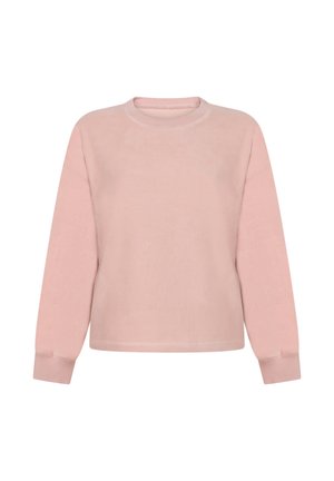 Zacht roze fleece sweatshirt met lange mouwen, ronde ronde hals en ribgebreide manchetten. De stof heeft een gladde textuur en een minimaal ontwerp.