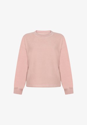 Zacht roze fleece sweatshirt met lange mouwen, ronde ronde hals en ribgebreide manchetten. De stof heeft een gladde textuur en een minimaal ontwerp.