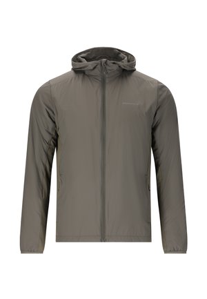 Leichte, wasserabweisende Jacke in Olivgrün. Sie verfügt über einen Frontreißverschluss, eine verstellbare Kapuze und elastische Bündchen. Glattes, strapazierfähiges Material.