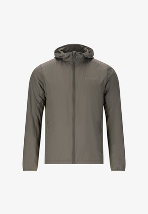 Leichte, wasserabweisende Jacke in Olivgrün. Sie verfügt über einen Frontreißverschluss, eine verstellbare Kapuze und elastische Bündchen. Glattes, strapazierfähiges Material.