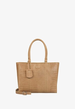 Tote-Bag aus braunem Leder mit Krokodilprägung. Verfügt über doppelte Griffe, ein abnehmbares Etikett und einen abnehmbaren Schultergurt.