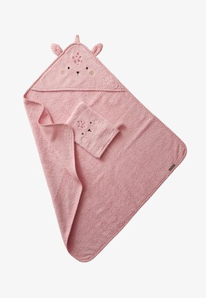 Pink hooded baby towel with bear ears and embroidered face, folded to show matching washcloth with same bear design.