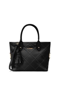 Borsa tote in pelle nera trapuntata con dettagli dorati, doppi manici e un nappina decorativa. Presenta una texture liscia e un design strutturato.