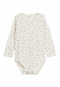 Langärmliger Babystrampler aus elfenbeinfarbener Baumwolle mit Blumenmuster, Wickeldesign und Druckknöpfen am unteren Ende für einfaches Ankleiden.