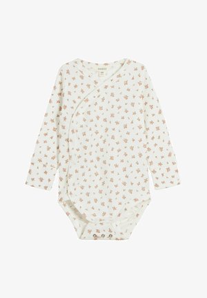 Lange mouwen babyromper van off-white katoen met een bloemenprint, wikkeldesign en drukknoopjes aan de onderkant voor gemakkelijk aankleden.