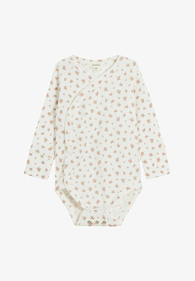 Long-sleeve baby bodysuit in off-white cotton with a floral print, wrap design, and snap buttons at the bottom for easy dressing.