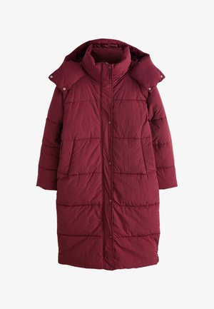 Pikk burgundia värvi mantel kõrgema kraega, eemaldatava kapuutsiga, ees tõmblukuga kinnitustega ja küljetaskutega, mõeldud külma ilmaga kandmiseks.