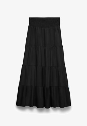 Czarna spódnica do kostek z warstwowymi warstwami i szerokim elastycznym marszczonym pasem.