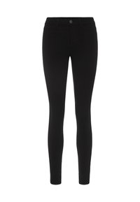 Black skinny jeans made of stretchy fabric, featuring a mid-rise waist, five-pocket design, and a single front button closure.
