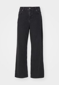 Svarta vida jeans i denim, med hög midja, femficksdesign och en enda metallknappstängning.