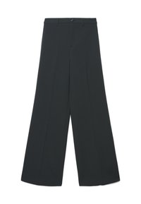 Pantaloni a gamba larga in tessuto grigio scuro, con chiusura a bottone e zip, pieghe frontali e una texture liscia.