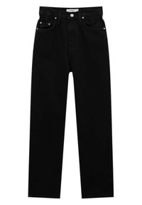 Jean denim noir avec une coupe droite, style cinq poches, accents métalliques, et braguette à boutons dissimulés. Couleur et texture classiques unies.