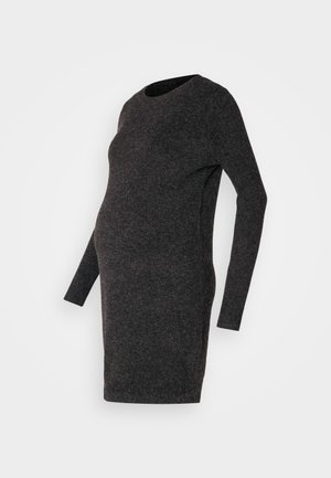 Vestido de maternidad de manga larga en gris oscuro. Fabricado en una tela suave, con un diseño ajustado, escote redondeado, corte a la altura de la rodilla y textura suave.