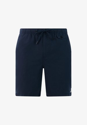 Marineblauwe zwembroek gemaakt van lichtgewicht stof, met een elastische tailleband met trekkoord en een zijzak met knoopsluiting.