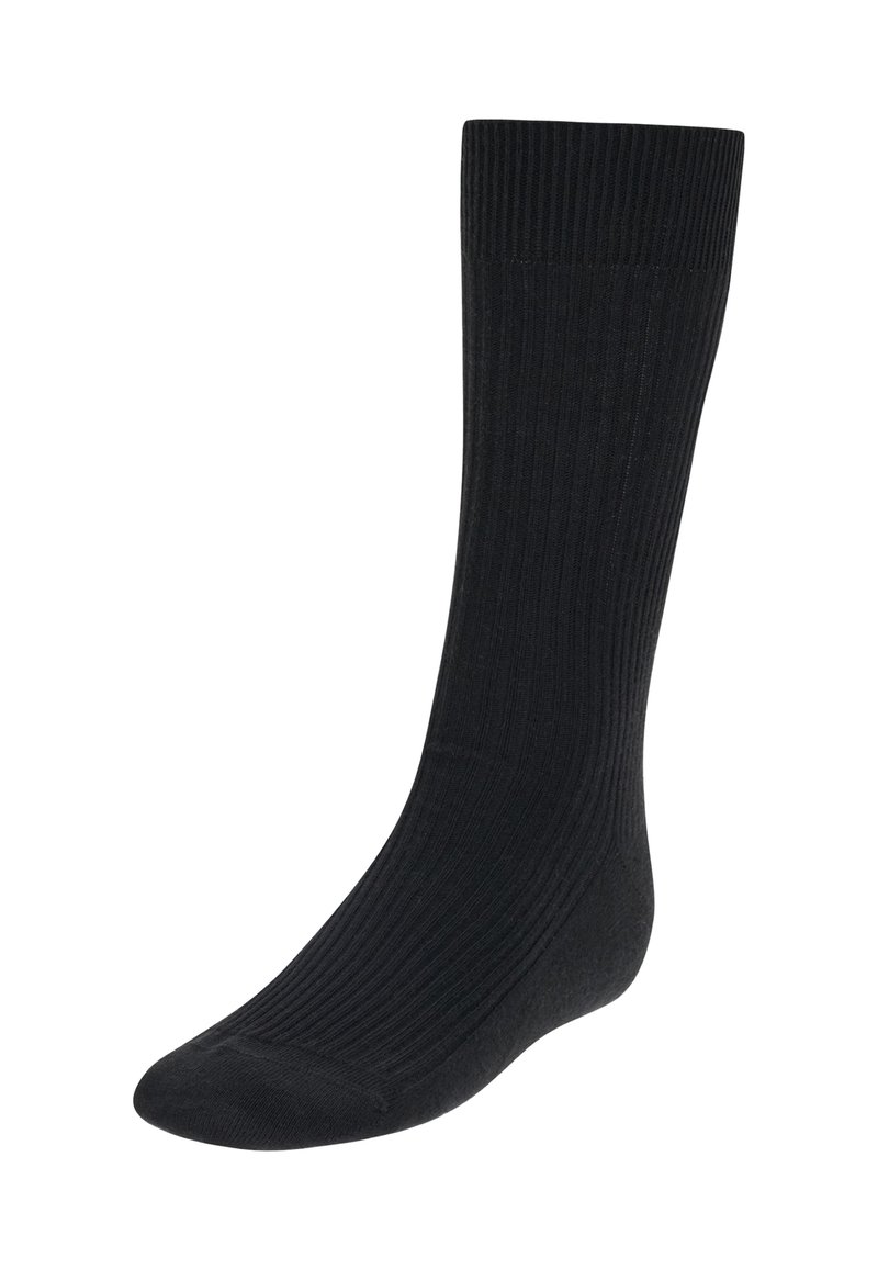 Juodos suglebusios klasikinės ilgos kojinės, vidutinio ilgio iki blauzdų, su sustiprintu pirštu. Paprastas dizainas be ryškių raštų ar akcentų.