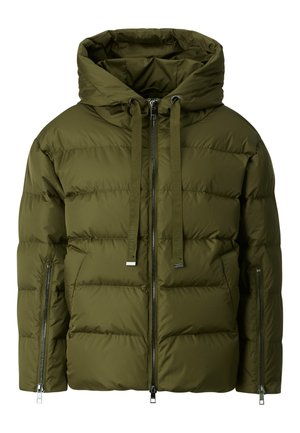 Olive green puffer jacket with a hood, featuring a zip front closure, adjustable drawstrings, and side zippered pockets.