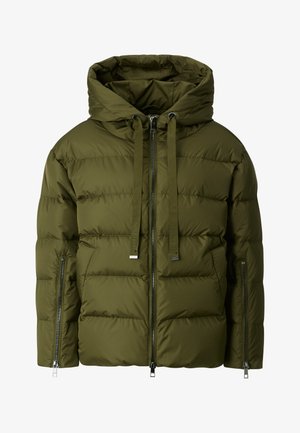 Olive green puffer jacket with a hood, featuring a zip front closure, adjustable drawstrings, and side zippered pockets.