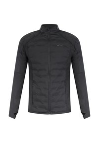 Veste noire isolée avec fermeture éclair à l'avant, col haut, manches longues et poches latérales zippées, avec une texture douce et un design gonflé.