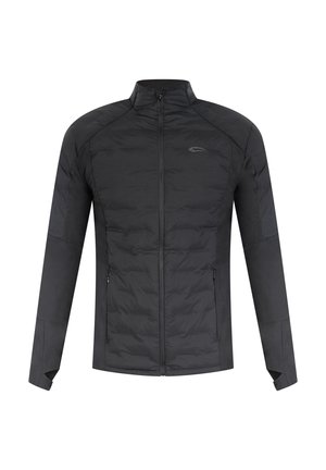 Chaqueta aislante negra con cierre de cremallera frontal, cuello alto, mangas largas y bolsillos laterales con cremallera, de textura suave y diseño acolchado.