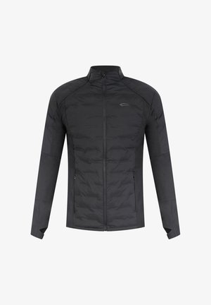 Zwarte geïsoleerde jas met een ritssluiting aan de voorkant, hoge kraag, lange mouwen en zijzakken met rits, met een soepele textuur en een puffy ontwerp.