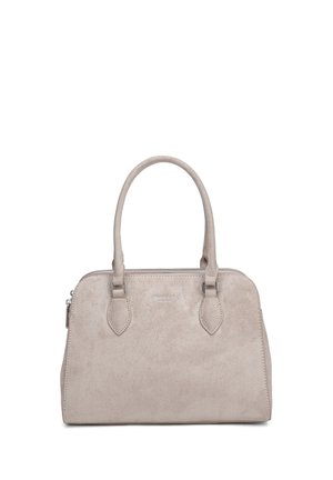 Borsa beige in suede con doppi manici, forma rettangolare e chiusura con cerniera, mostrata su sfondo bianco.