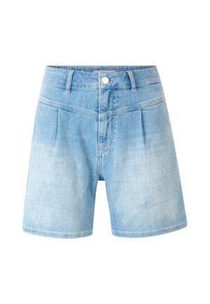 Denim shorts in light blue, high-waisted with pleats, featuring a button closure and classic five-pocket design. Smooth texture.