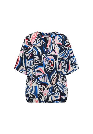 Kortærmet bluse med vid pasform, flerfarvet abstrakt blomsterprint i blå, pink, sort og hvid samt delvis knaplukning foran.