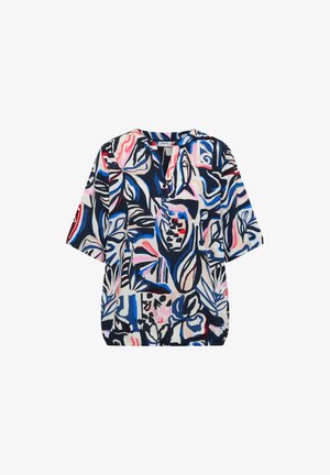 Kortærmet bluse med vid pasform, flerfarvet abstrakt blomsterprint i blå, pink, sort og hvid samt delvis knaplukning foran.