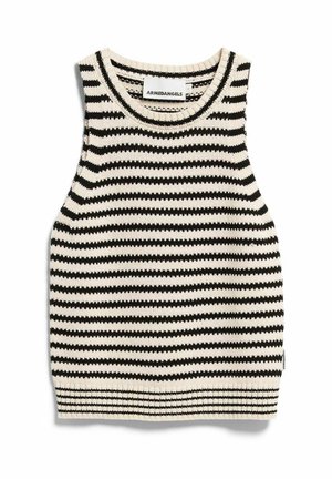 Schwarz-weiß gestreifte, ärmellose, horizontal gestrickte Pullunderweste mit geripptem Saum und rundem Ausschnitt von Armedangels.