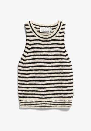 Zwart-wit horizontaal gestreepte mouwloze gebreide sweater-vest met geribbelde zoom en ronde hals, ontworpen door Armedangels.