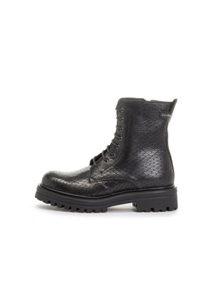 Black lace-up ankle boots featuring a textured snake skin pattern, sturdy sole with treads, and a black pull tab at the back.