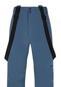 Blauwe waterdichte broek gemaakt van synthetisch materiaal, met zwarte verstelbare banden, twee knopen aan de voorkant en versterkte stiksels.