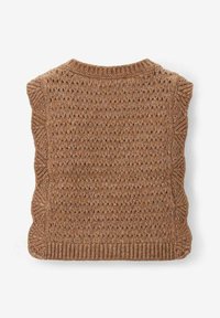 Pull en tricot marron avec un motif texturé, des bords festonnés et un col côtelé. La vue arri ère montre une texture uniforme dans l'ensemble.