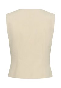 Veste sans manches beige avec une taille cintrée et des épaules structurées, vue de dos.