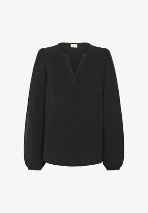 Zwarte blouse met een V-hals en gedetailleerde lange mouwen. Gemaakt van lichtgewicht stof met een subtiele textuur. Rimpelingen aan de mouwuiteinden.