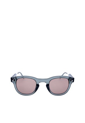 Occhiali da sole con montatura nera, lenti quadrate arrotondate con tinta rosa, cerniere visibili e leggera trasparenza sulle stanghette.