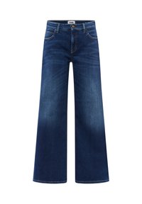Weite blaue Denim-Jeans mit einem ausgewaschenen Effekt. Verfügt über fünf Taschen, einen Knopfverschluss vorne und kontrastierende Nähte.