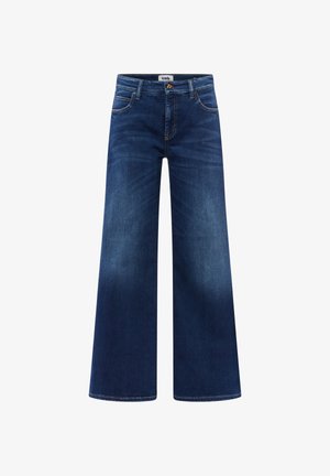 Wijde blauwe spijkerbroek van denim met een vervaagde was. Beschikt over vijf zakken, een sluiting met een knoop aan de voorkant en contrasterende stiksels.