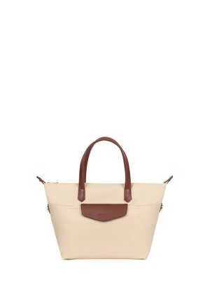 Beigetote mit braunen Ledergriffen und einer vorderen Klapptasche, rechteckige Form, mit Reißverschluss an der Oberseite.