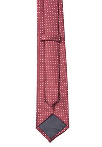 Cravatta bordeaux con pois bianchi, texture a costine, punta appuntita e accento grigio sul retro. Design classico per abbigliamento formale.