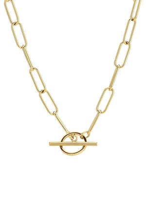 Zlatý náhrdelník s prodlouženými obdélníkovými články řetězu a zapínáním na otočný kroužek s kruhovým dílem a vodorovnou tyčkou.