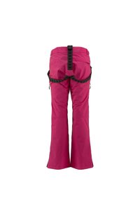 Pantaloni da sci rosa con design svasato, dotati di cinghie laterali regolabili e zip alle caviglie per la ventilazione. Materiale liscio e impermeabile.